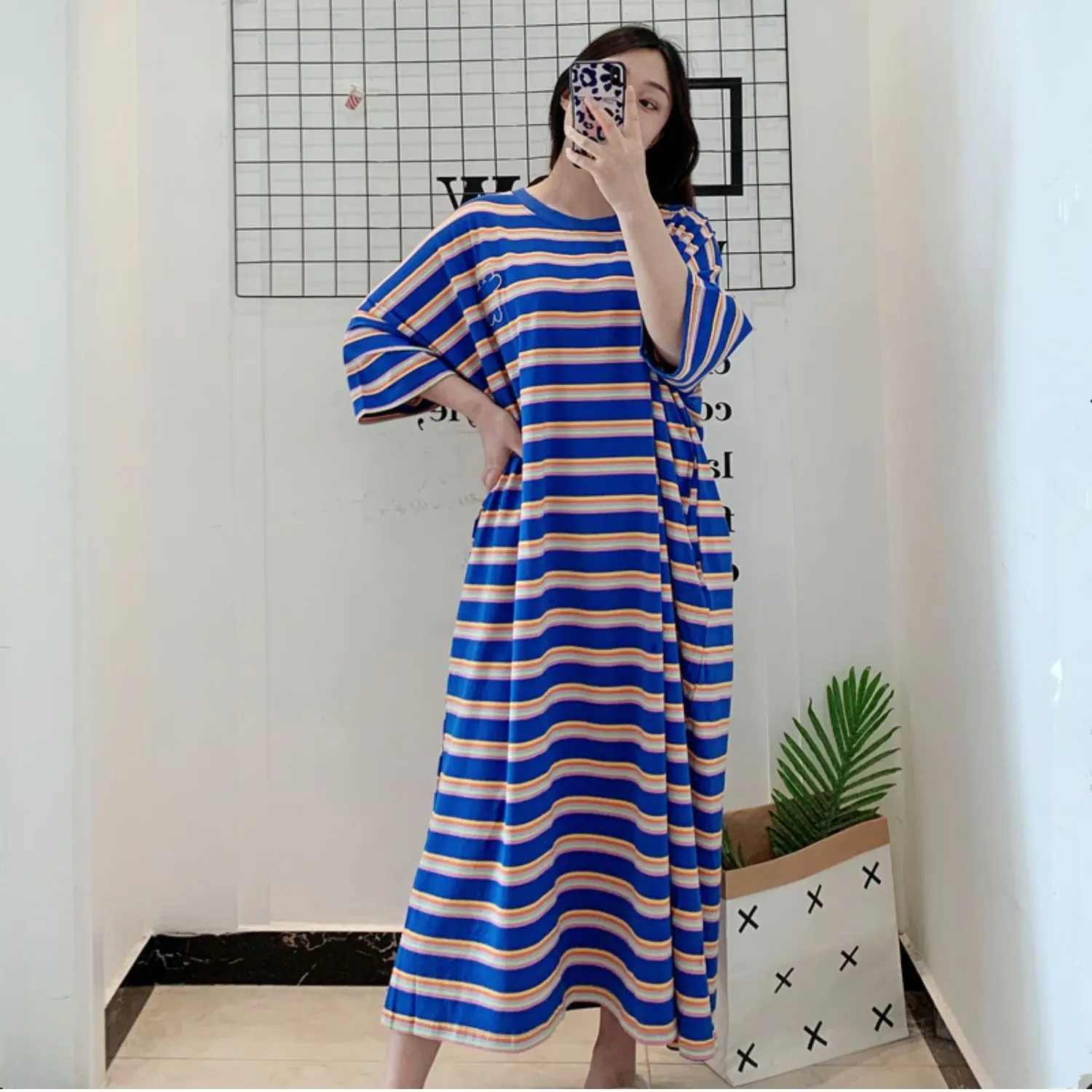 Oversized Summer Trend Loose Striped O-neck Short Sleeve Casual Dresses Women Clothing Simplicity Printing Pullover Long Dress