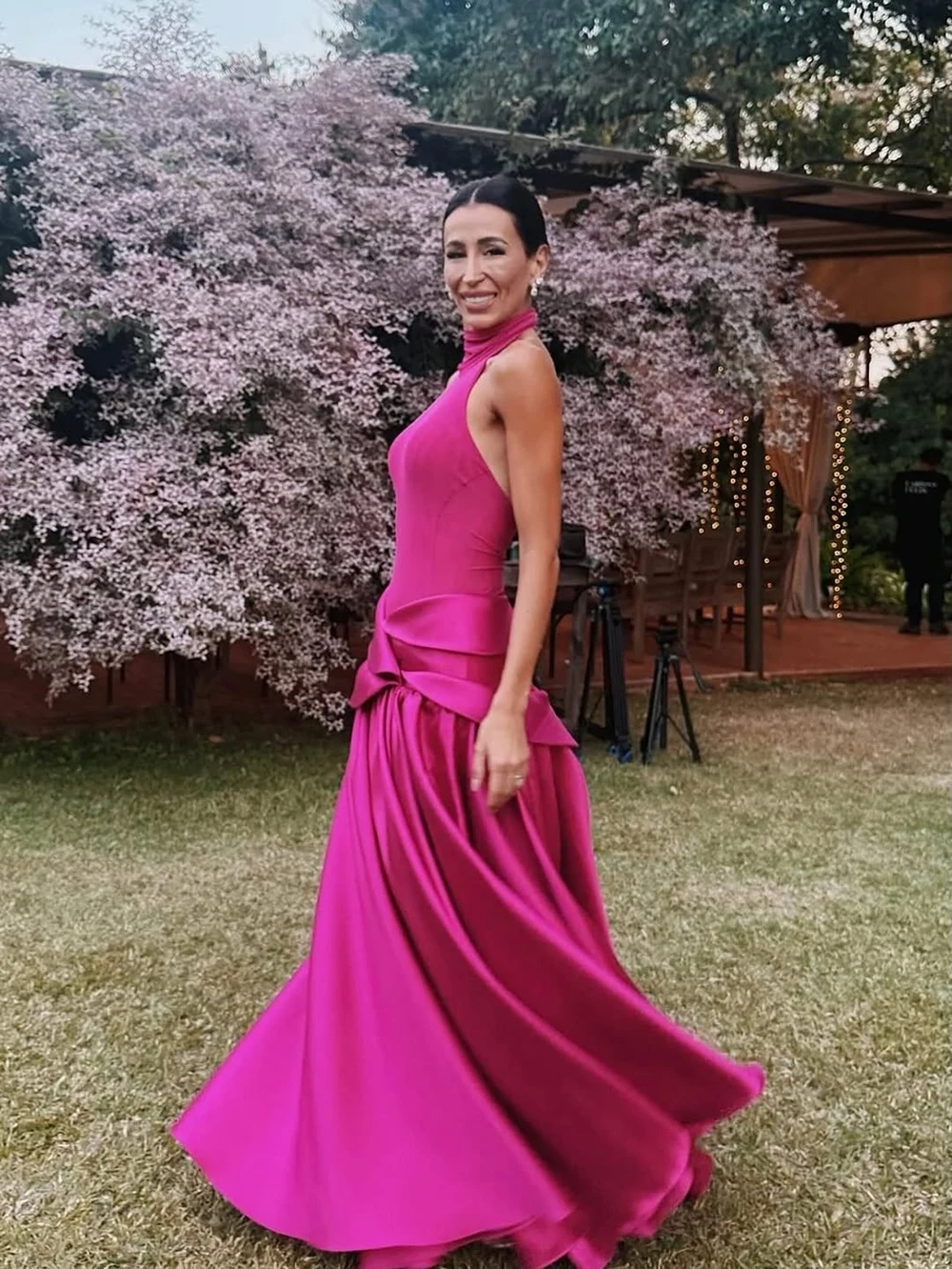Msikoods Customized Hot Pink Halter Satin Evening Dresses Backless Formal Evening Gown Layered Prom Dress Long Party Dresss - view 2