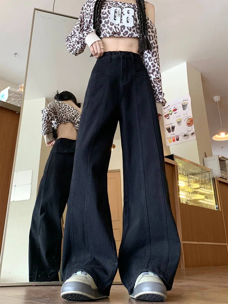 فضفاض عالية الخصر واسعة الساق الجينز المرأة الخريف جديد Sle الكمثرى القرد الجسم التخسيس ألف خط بنطلون عادية مستقيم الساق