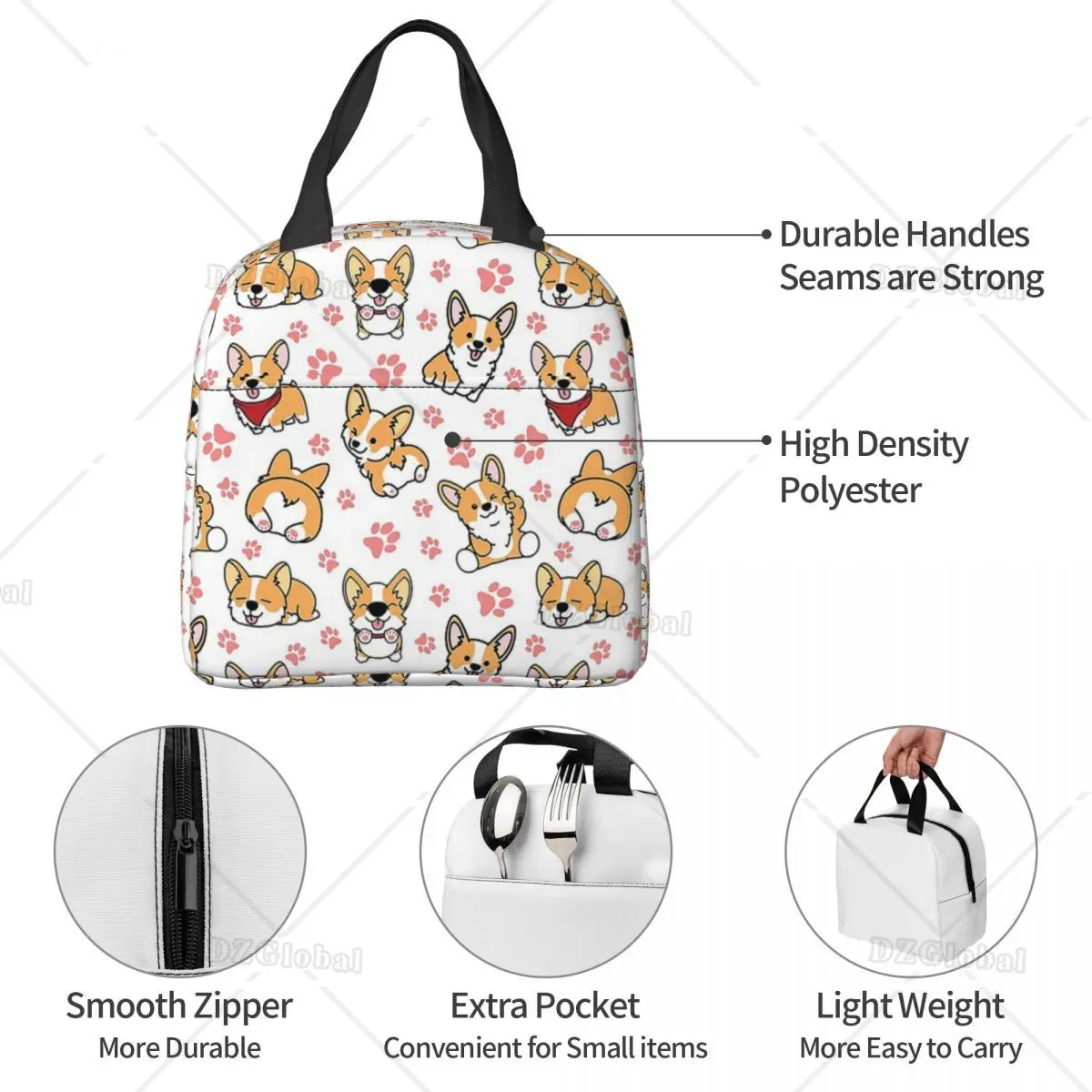 Cute Corgis Insulated Lunch Bags for School Work Picnic Leakproof Cooler Thermal Bento Tote Kawaii Corgi Dog Paw Lunch Box