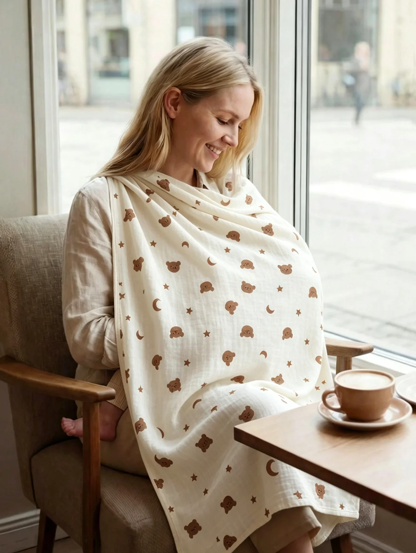 1Pc Multifunctional Baby Nursing Cover, Breathable Gauze Type, Bear Print Nursing Cover for Outdoor Use, Nursing Cover + Swaddle Blanket + Blanket + Stroller Sunshade