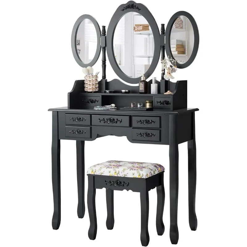 Vanity Set with Tri-Folding Mirror and Cushioned Stool, Dressing Table with 7 Drawers and a Shelf