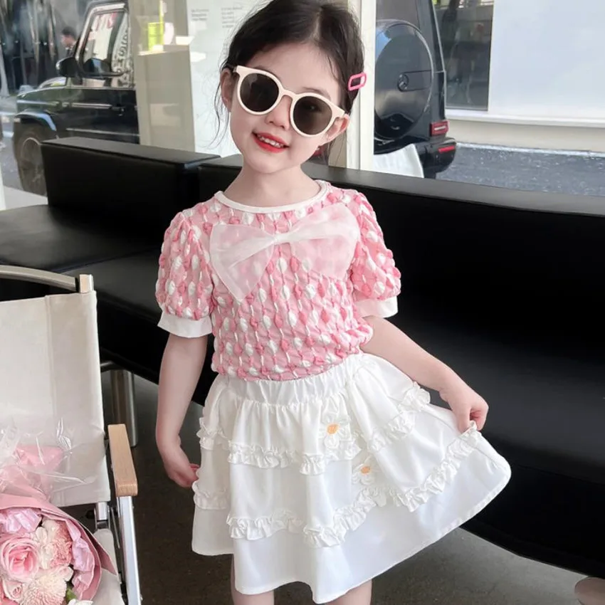 

Girl Summer New T-Shirts + Skirts 2pcs Sets Bow Tops Flower Embroidery Princess Suits Kids Puff Sleeve Clothes 2-10Y WZ1132