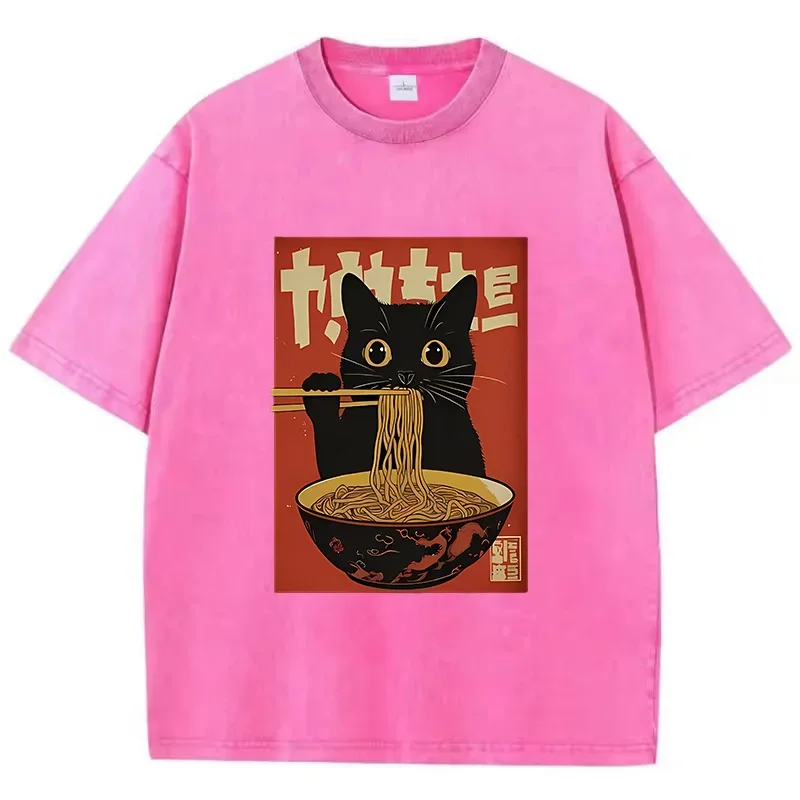 T Shirt Vintage Washed 100% Cotton T-Shirt Black Retro Cat Eating Ramen Graphic Tee Casual Streetwear for Spring Summer