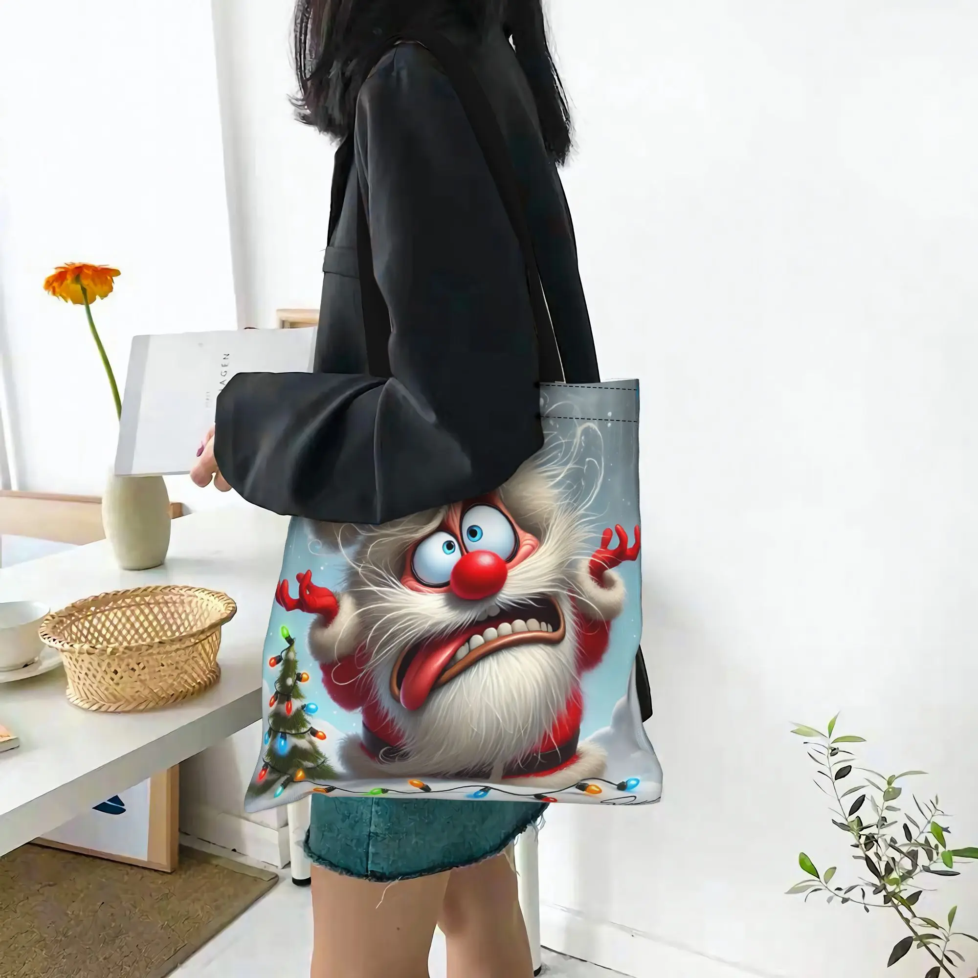 Customized Angry Santa Claus Print Women's Bag Shopping Bag Reusable Double Sided Canvas Tote Bag Shoulder  Handbag