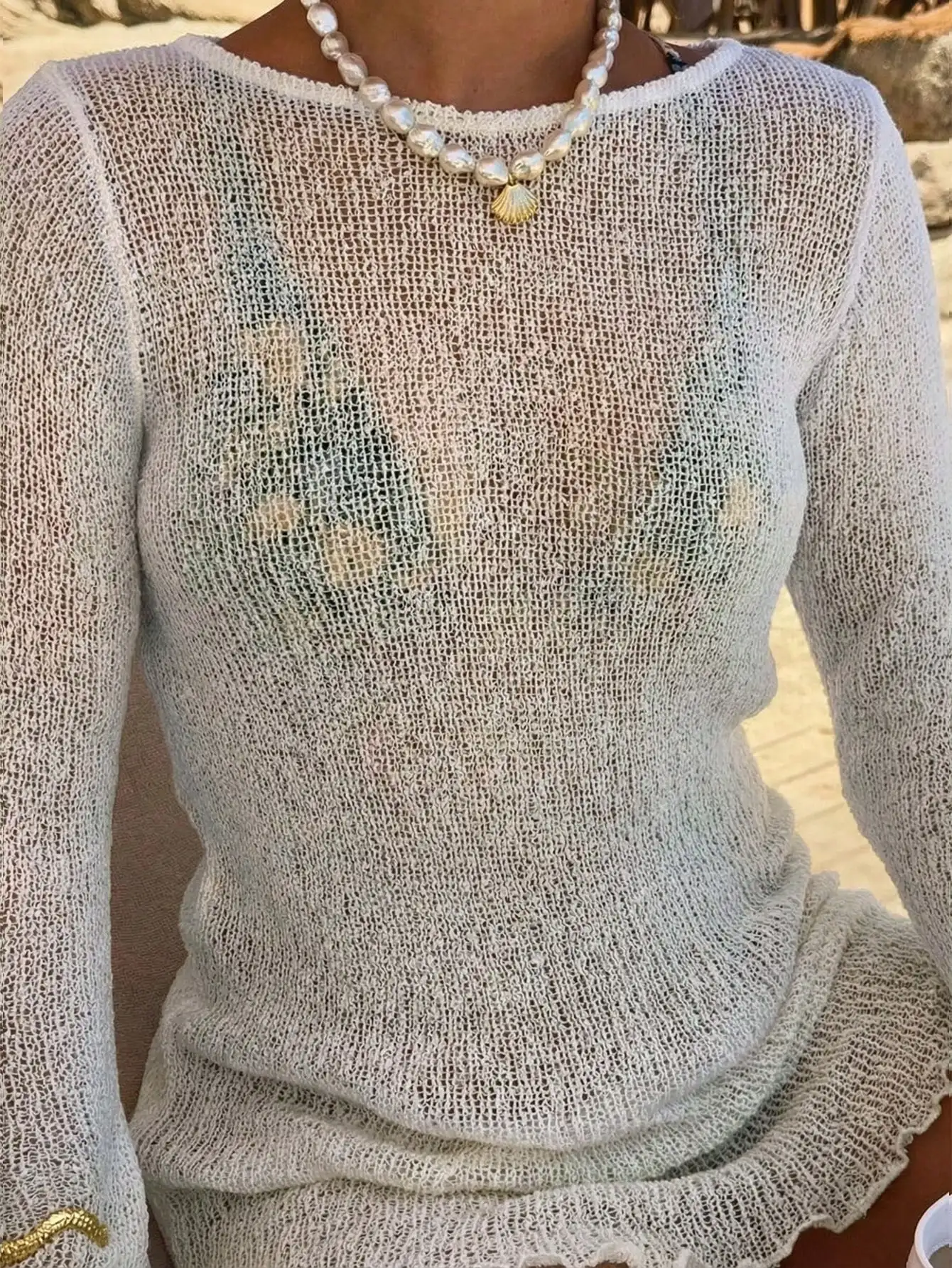 

Женское однотонное пляжное платье-накидка с круглым вырезом и длинными рукавами, белое, для летнего отдыха