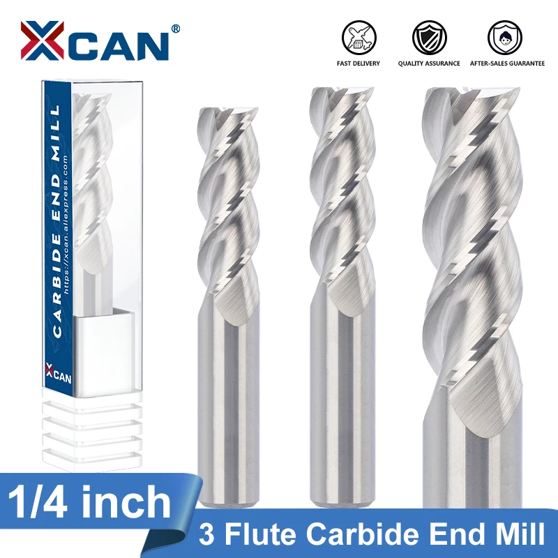 XCAN Milling Cutter 3 Flute Carbide End Mill for Aluminum Cutting 1/4 Inch Shank Spiral Router Bit for Metal CNC Milling Tools