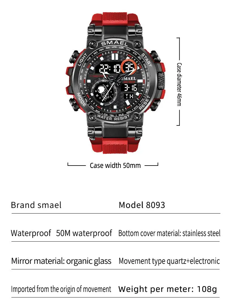 SMAEL 8093 Sport Watch Waterproof 5Bar Dual Time Men\'s Watches Shock Resistant Alarm Clock Men Wristwatches