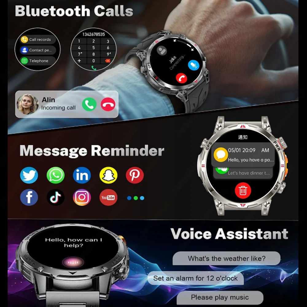Reloj inteligente GPS de grado militar para hombre, pantalla AMOLED, batería de 500mAh, 5ATM, resistente al agua, monitoreo de salud deportiva, relojes de llamada Bluetooth