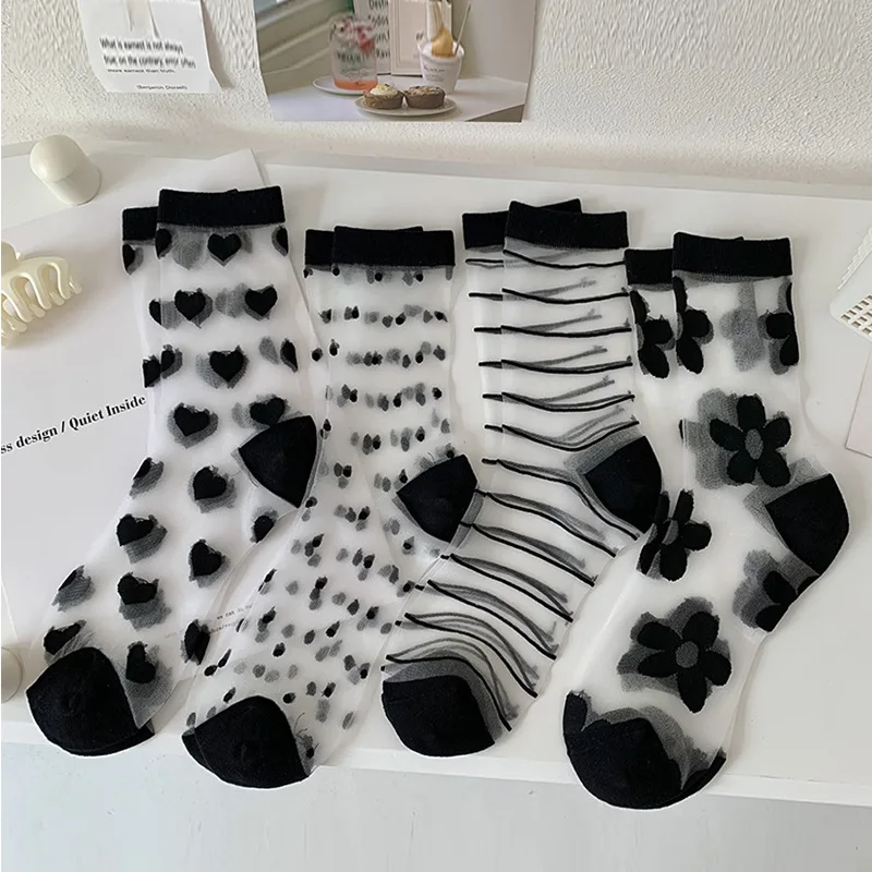 Women Summer Ultra-thin Transparent Glass Silk Socks Striped Heart Floral Print Cute Socks Casual Breathable Elastic Long Socks