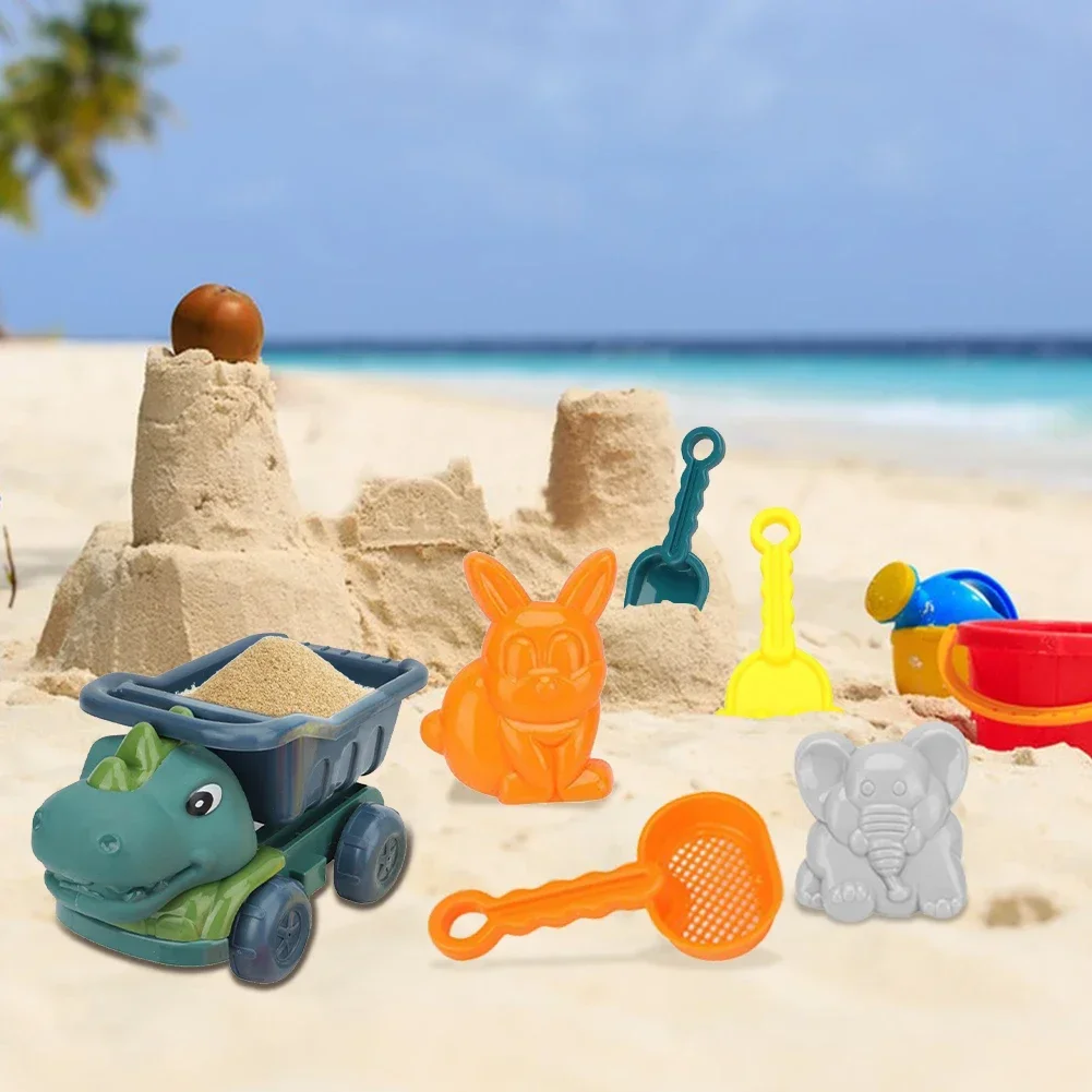 Brinquedos de praia para criança Brinquedos de areia com tema de dinossauro Conjunto de caminhão basculante Brinquedos de praia portáteis lisos para jardim, playground, área da praia