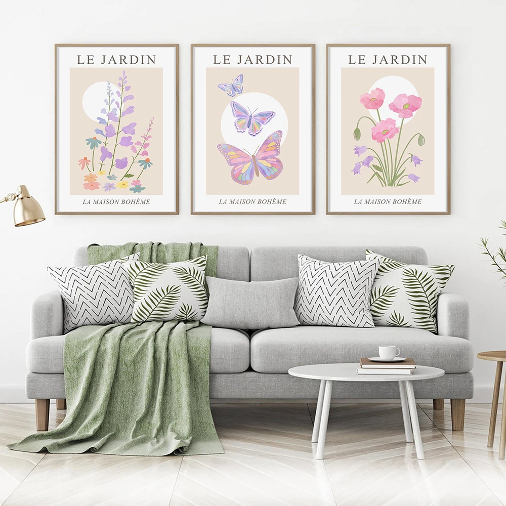 Pastel Flowers Posters Cute Butterfly Floral Prints Botanical Exhibition Wall Art Canvas Painting Modern Living Room Home Decor