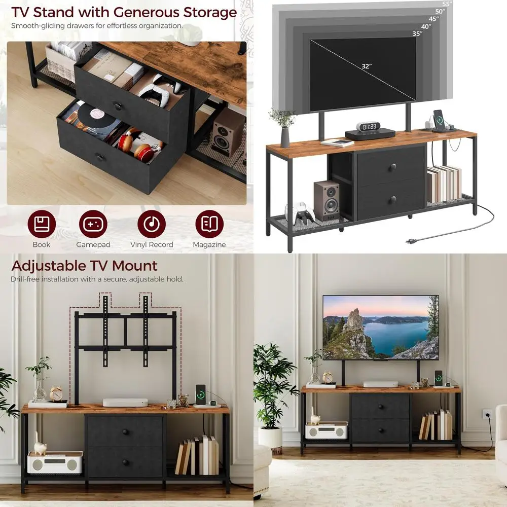 

Подставка под телевизор в деревенском коричневом стиле для телевизоров 32-55, развлекательного центра с розеткой и тканевыми ящиками, медиаконсоль для гостиной с включением/