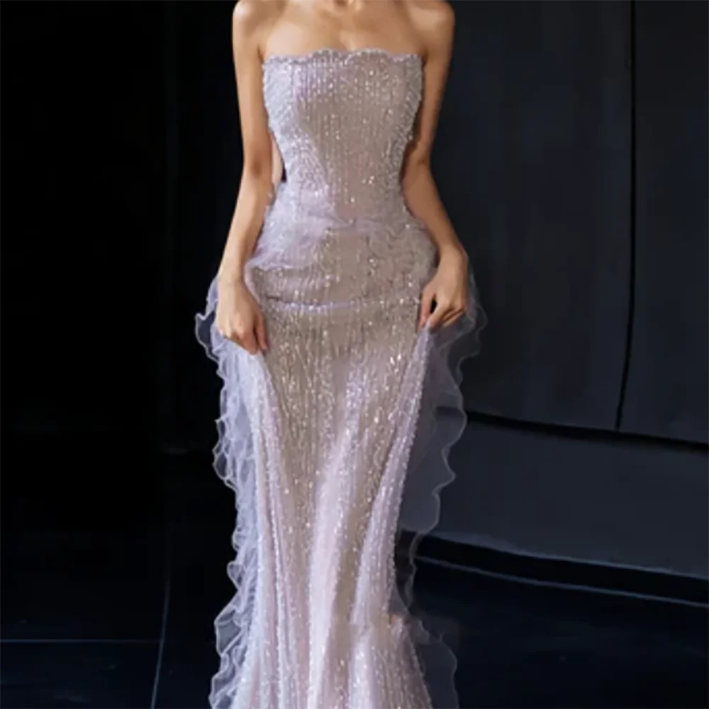 

Elegant Strapless Sequined Sleeveless Pleat Formal Evening Dresses Birthday Party Prom Gowns Customized