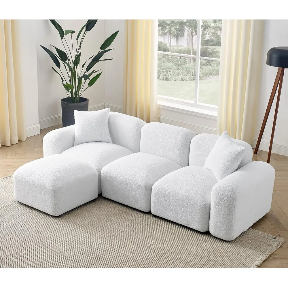 

94” Living Room Sofas with Ottoman, 3-Seater, Boucle Fabric L-Shaped Modern Bubble Couch, Convertible Modular Sectional Sofas