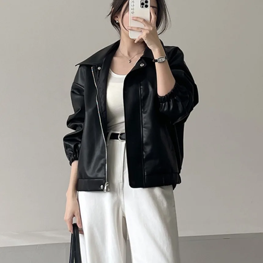 معطف نسائي أنيق عتيق فضفاض مناسب من جلد البولي يوريثان بياقة واقفة معطف Sli متعدد الاستخدامات ذو ملمس عالي الجودة