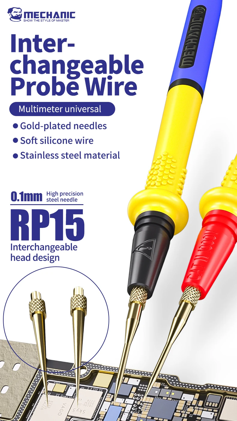 【MECHANIC】 RP15 1000V 20A Stainless Steel Multimeter Pen Wire Interchangeable Tip Universal Fine Point Needle Soft Test Probe