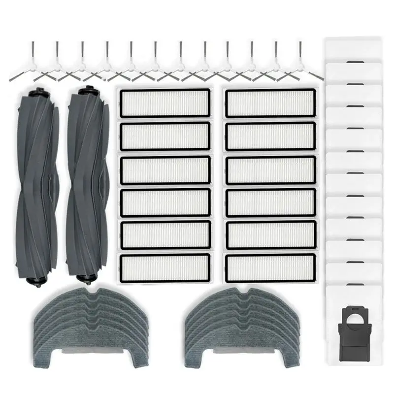 

Запчасти для пылесоса Dreame D10 Plus Gen 2 RLD32GD: основная щетка, боковая щетка, HEPA-фильтр, салфетка для влажной уборки, мешок для сбора пыли, аксессуары.