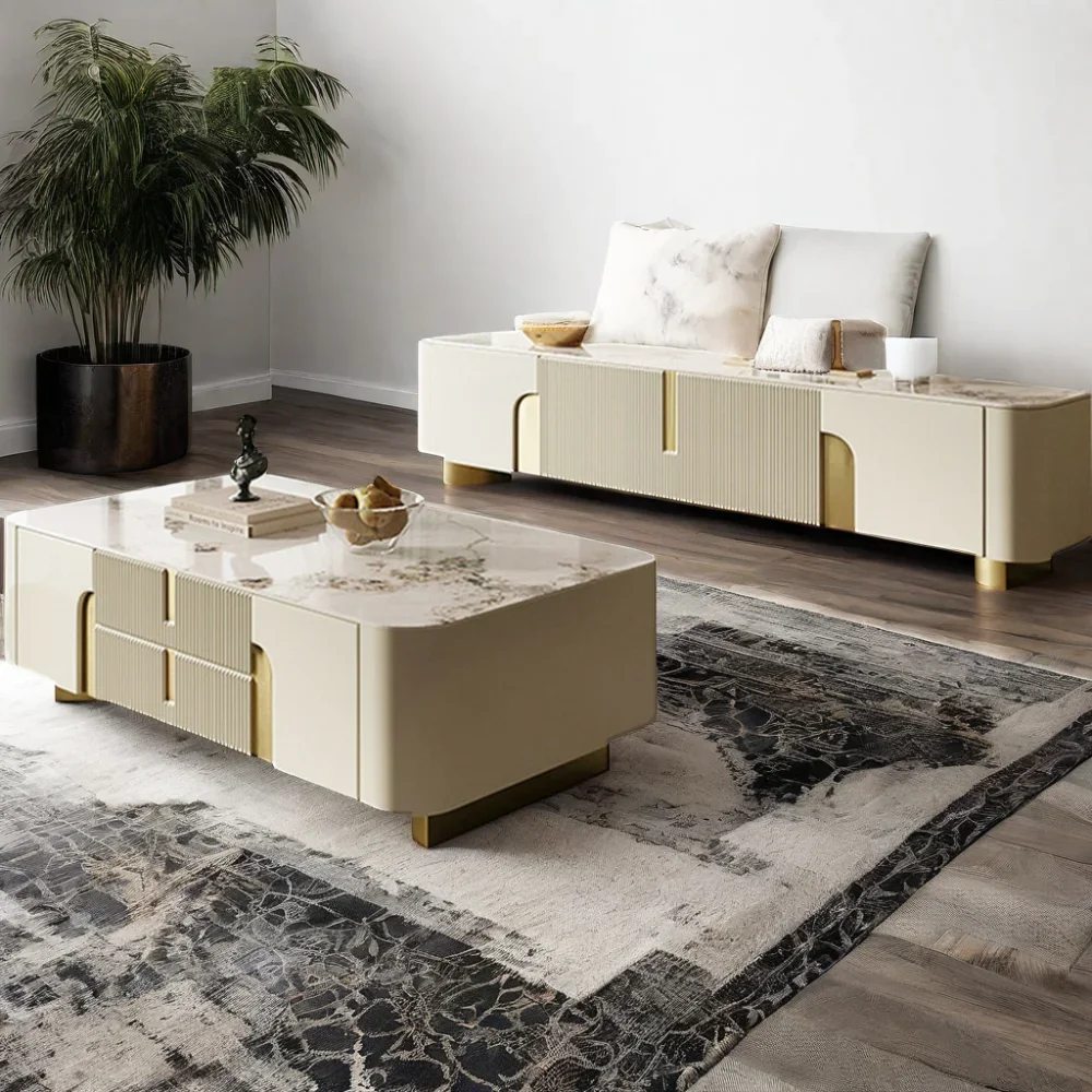 Centre de divertissement moderne en pierre frittée blanche, meuble de rangement latéral pour salon, meuble TV avec Base en métal doré