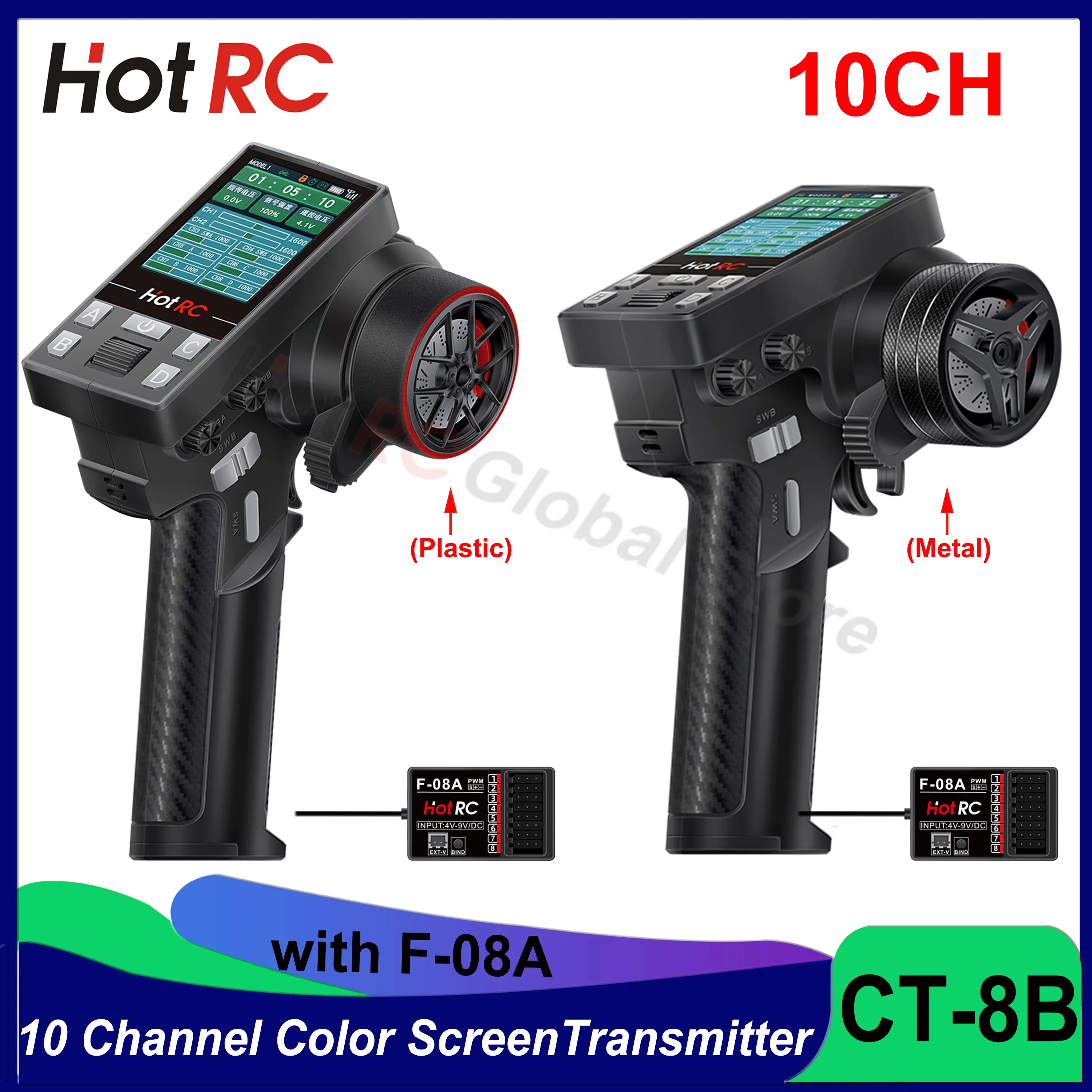 HOTRC-Transmissor Receptor de Controle Remoto para Carro RC, Navio Barco Tanque, Mais Novo, CT-8B, 10 Canais, 8 Canais, Tela Colorida, 2.4G, 8CH, F-08A