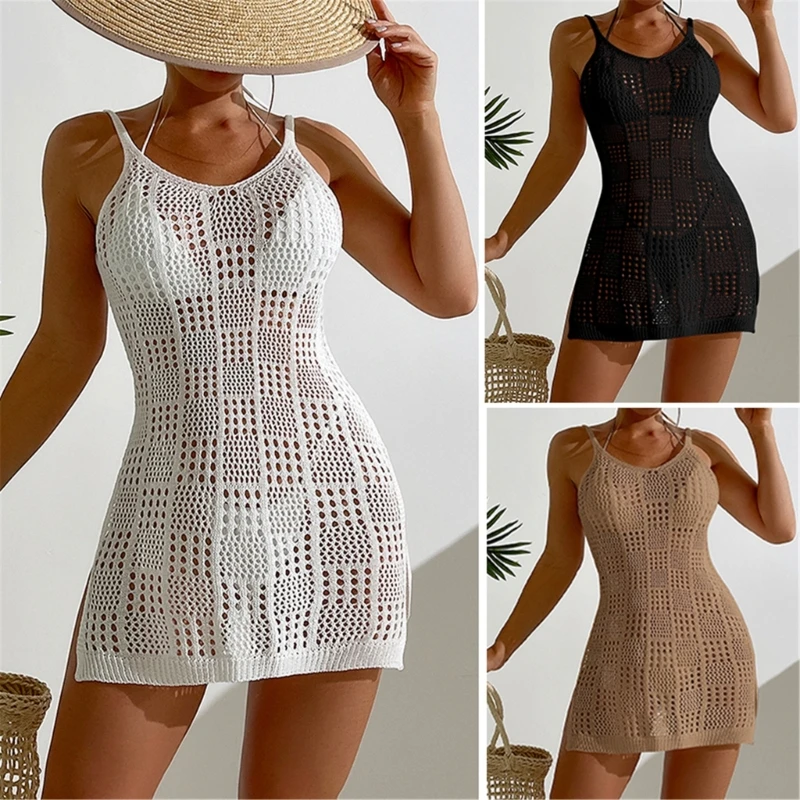 Vestido playa con tirantes finos para mujer, traje baño ahuecado para cubrir playa