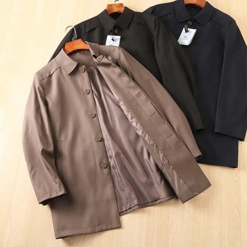 

High-End Busin Sle Men's Windbreaker Coat Water-Resistant Windproof Single-Button Mid-Length Turn-Down Collar Spring Fas...