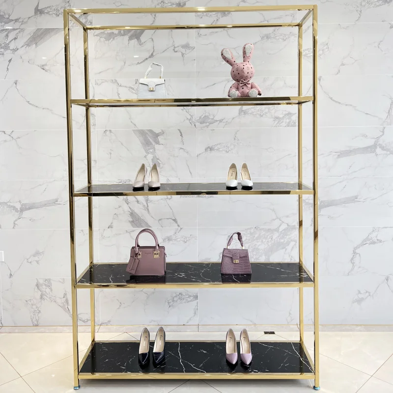 Customized.304 metal plated stainless steel glass 4 layer metal shoe bag rack sneaker store display