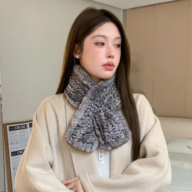 2026 New Fashion Women Real Rex Rabbit Fur Scarf Style Lady Warm Soft Knitted Handmade Fur Shawl Wrap Neckerchief Scarves
