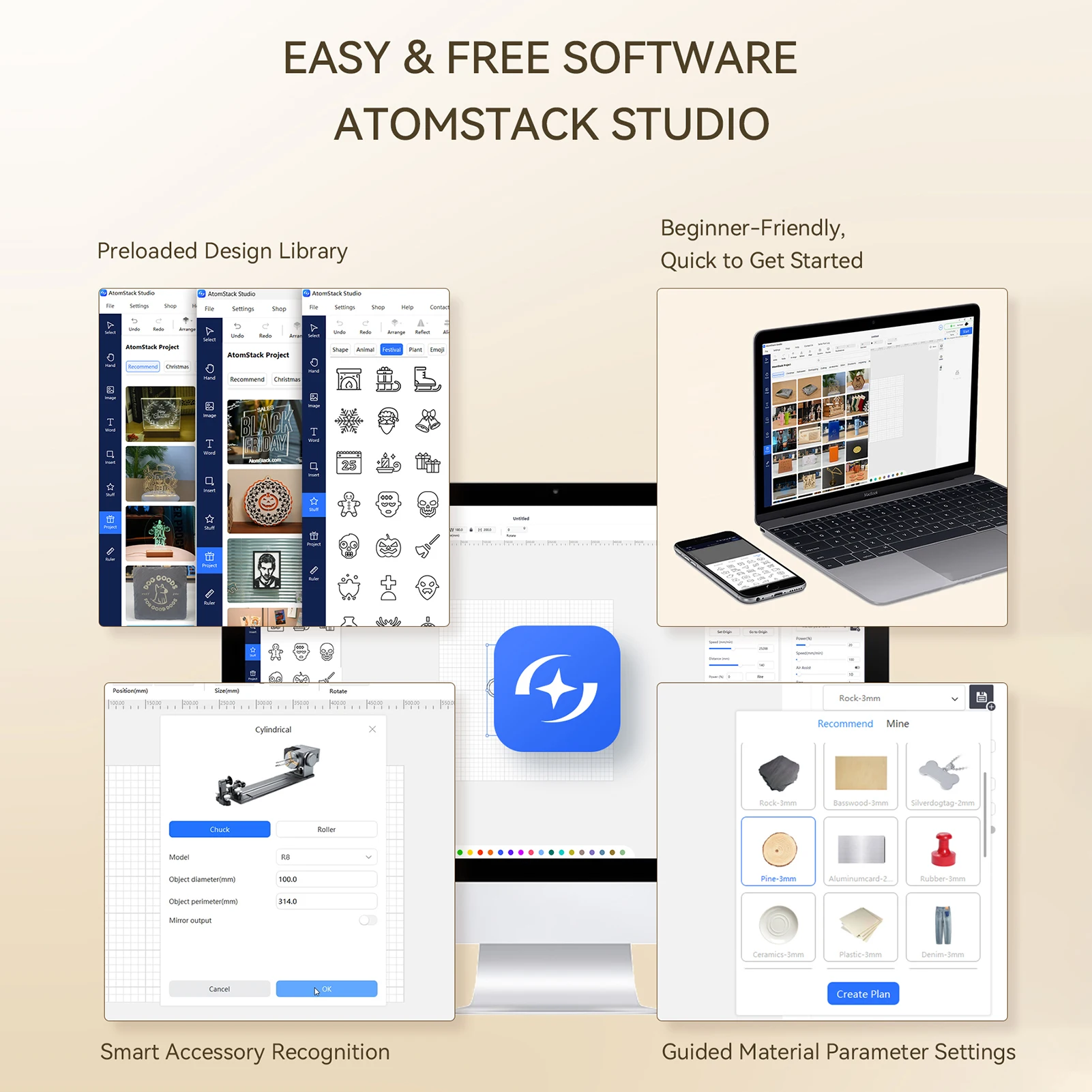 AtomStack P1 5W lasergraveerder Maximale graveersnelheid 10.000 mm/min Snel focusvrij en eenvoudig te gebruiken met Atomstack-software