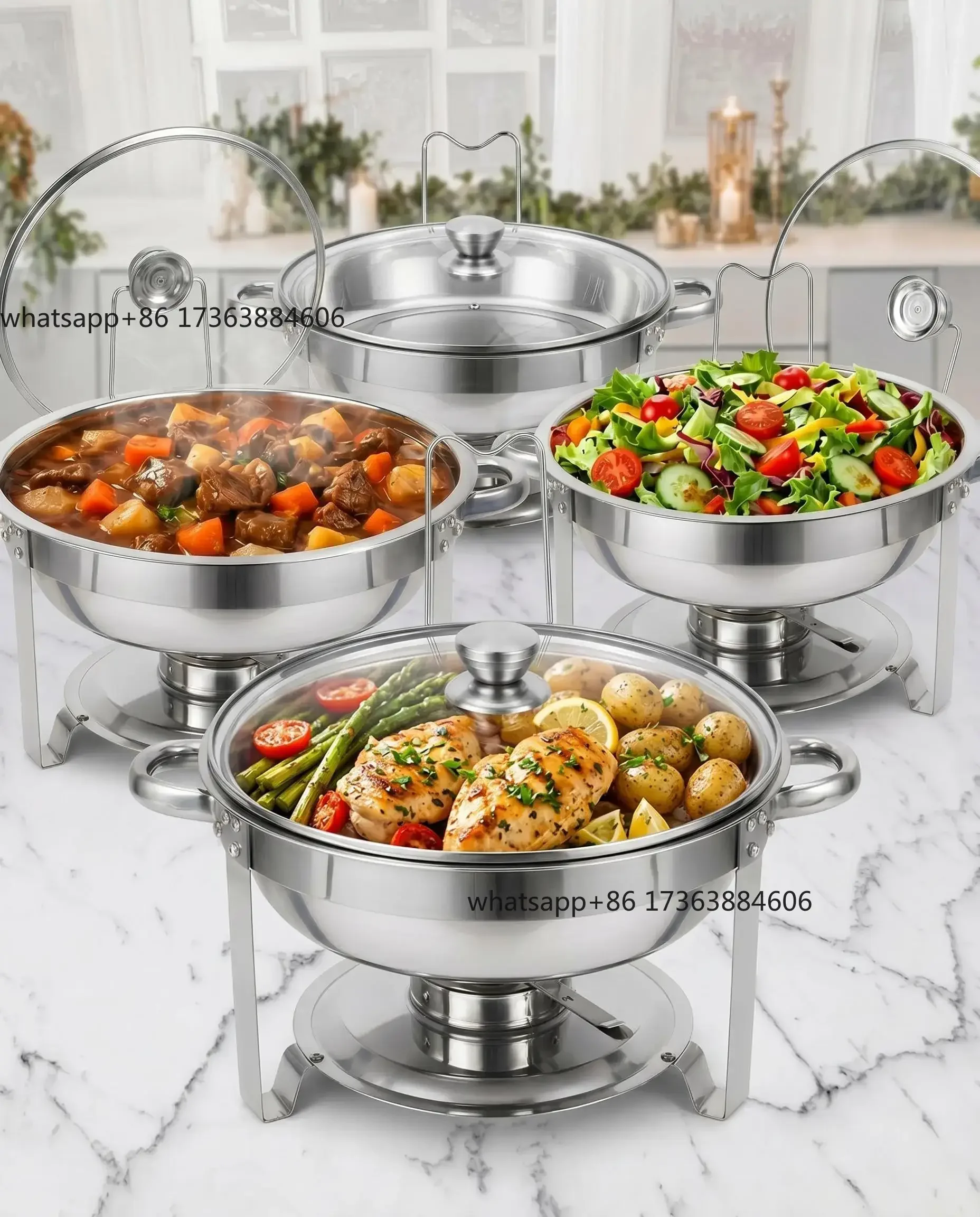 Elegant 5QT Stainless Steel Chafing Dishes with Glass Lids, Gold Rimmed Round Buffet Servers & Warmers for Parties