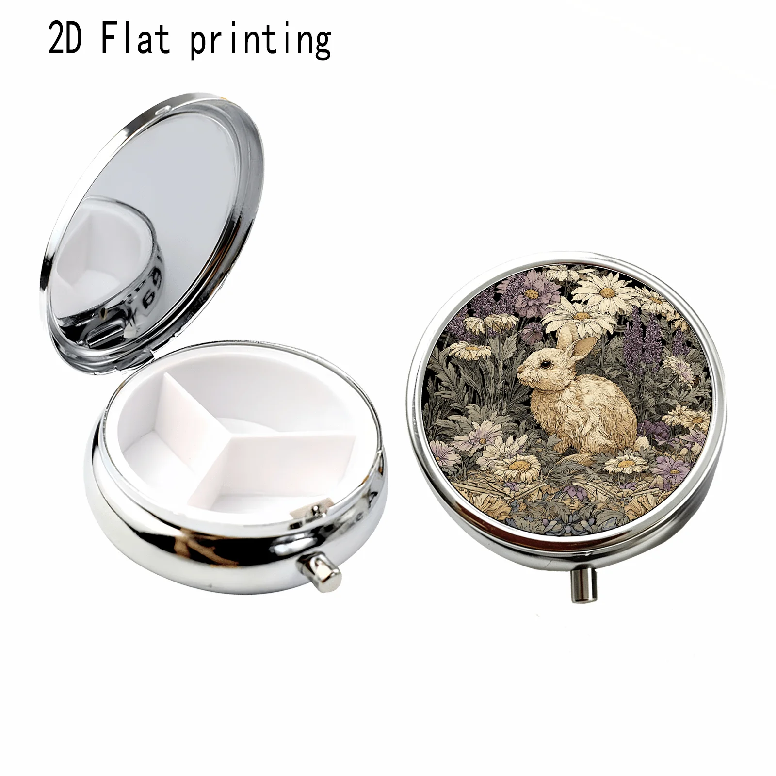 Retro Illustration-Style Daisy Flower and White Rabbit Pattern, Round Three-Compartment Small Pill Box, Portable Medicine Storage, Small Jewelry Organizer, Suitable for Handbags or Travel, Holiday Gifts, Souvenirs, Prizes, Small Gifts, for Personal Use or as an Exquisite Gift Option
