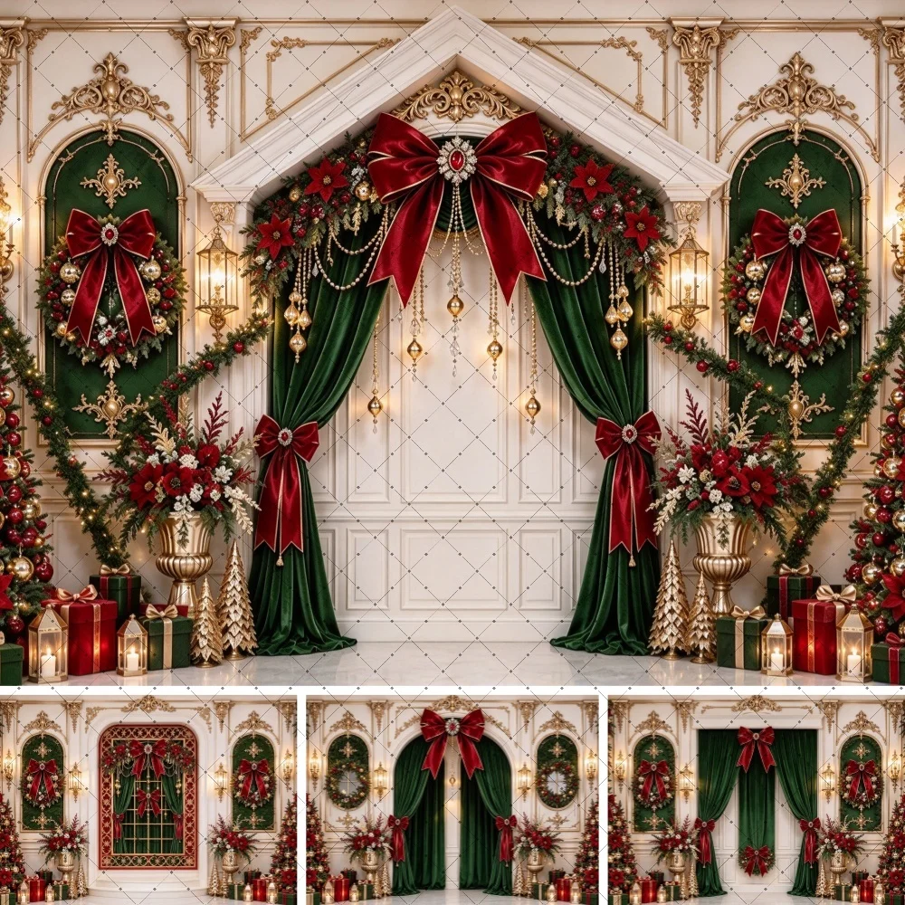 Christmas Photo Backdrop Luxury Palace Arch with Red Bows Green Drape Gift Decor Scene Family Holiday Portrait Studio Shoot