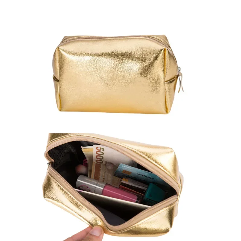 Women Gold Champagne Colour Female Clutch Cosmetic Bag Pu Leather Fashion Lady Makeup Organizer Purse Toiletry Kit Bag Case