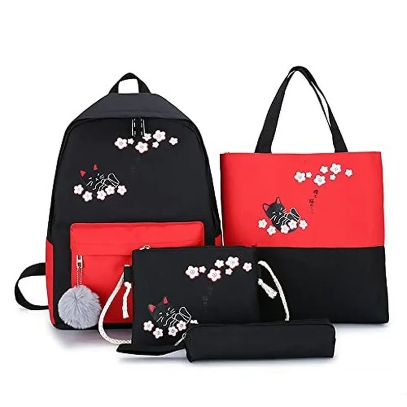 4pcs/set Fashion Women Backpack Cartoon Kawaii Luna Cat Canvas Shoulder Bag Student Laptop School Bags for Teenager Boys Girls