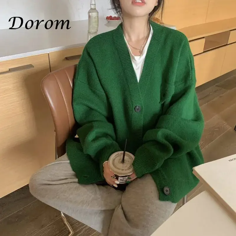 Japanese Vintage Green Rib Knitted Cardigan Women Harajuku V-neck Single-breasted Sweater Coat Autumn Warm Casual Loose Outwear