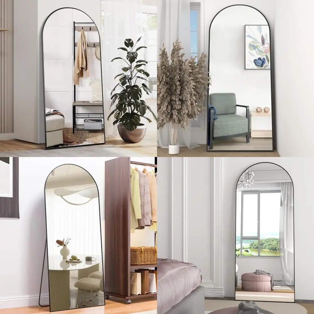 กระจกตั้งพื้นทรงโค้งสีดำขนาดใหญ่ 65x24 นิ้ว พร้อมฐานตั้ง, กระจกติดผนังแบบเต็มตัวสำหรับใช้ในบ้าน สามารถแขวนหรือวางพิงได้ เหมาะสำหรับมองภาพเต็มตัว