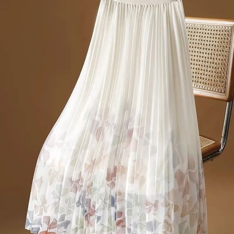 

Printed Tulle Skirt New Arrival Floral Mid-Length Pleated A-Line
