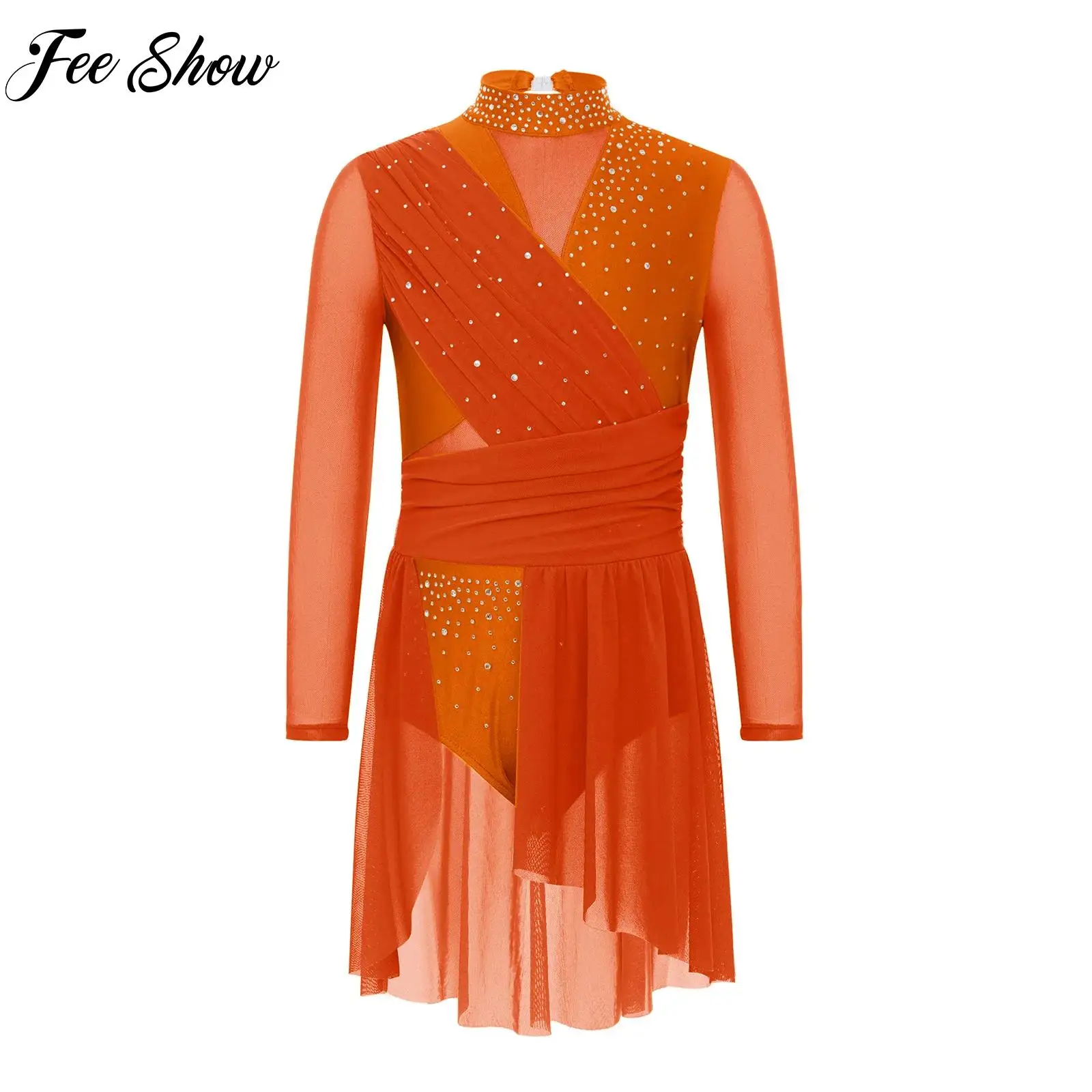 Sukienka do tańca baletowego, lirycznego i współczesnego dla dziewczynki, z rozcięciem z boku, zdobiona dżetami, z siateczki, strój taneczny do łyżwiarstwa, zajęć tanecznych, występów i na imprezy.