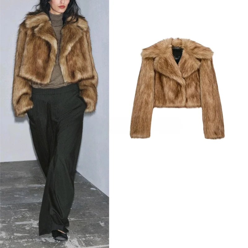 

Autumn Winter Short Coat Women's Fashion Stand Collar Long Sleeve Artificial Fur Effect Outerwear Casual Style Standard Fit