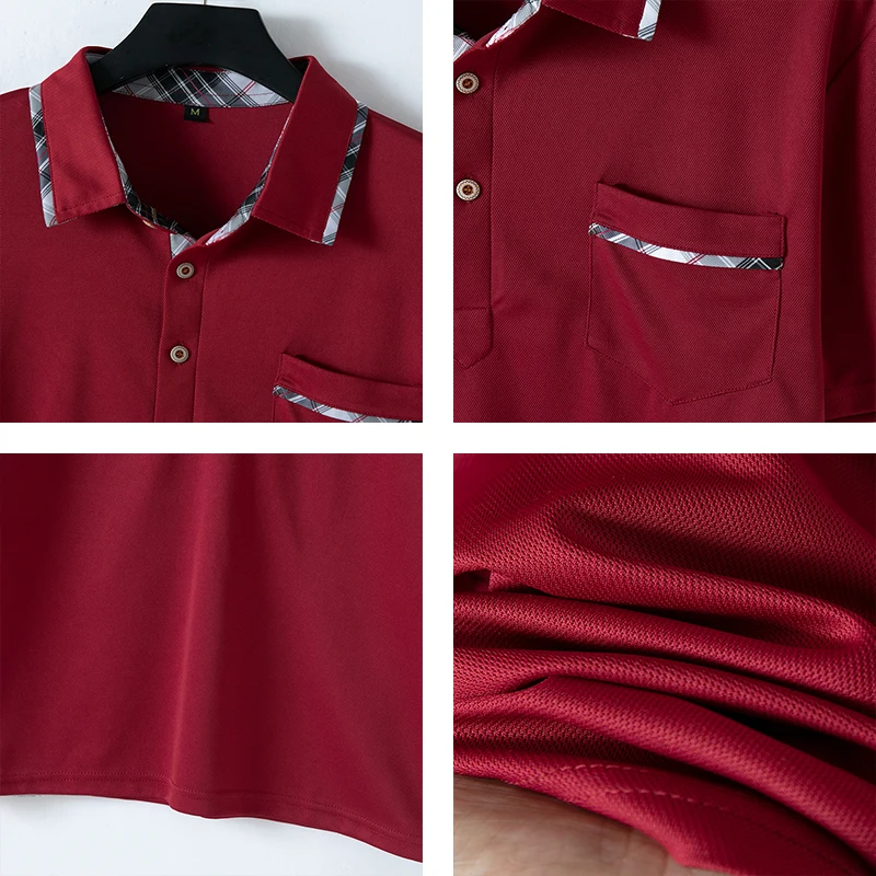 Men\'s Polo Shirts Short Sleeve Summer Slim Fit Solid Color Lapel Tops with Plaid Collar Trim & Chest Pocket for Daily Business