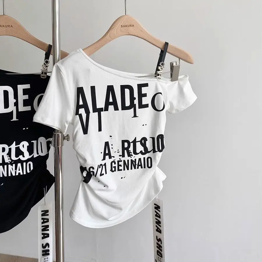 Summer women's new street style casual letter printing versatile diagonal collar off-the-shoulder short-sleeved T-shirt