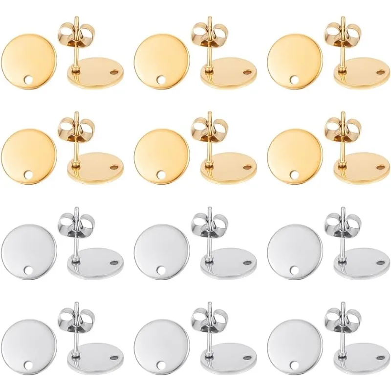 

60pcs 2 Colors 10mm Flat Round Stud Earring Stainless Steel Ear Stud with Earnuts and Loop Flat Round Earring Post for Jewelry