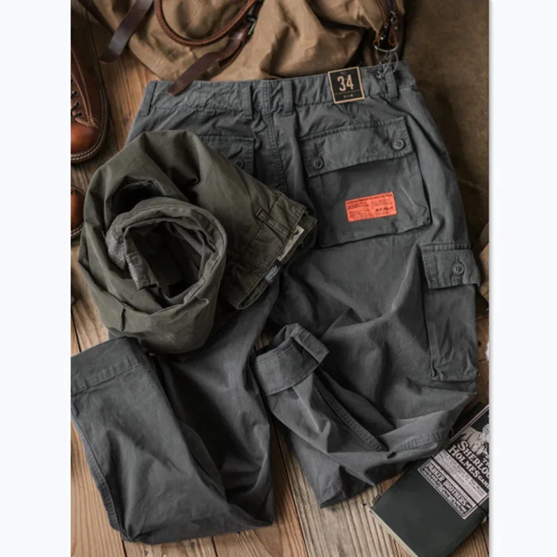 

AMEKAJI-Multi Pocket Overalls Washed Made Old Loose Industrial Casual Pants Outdoor Hiking Trekking Sport Tooling Cargo Trousers