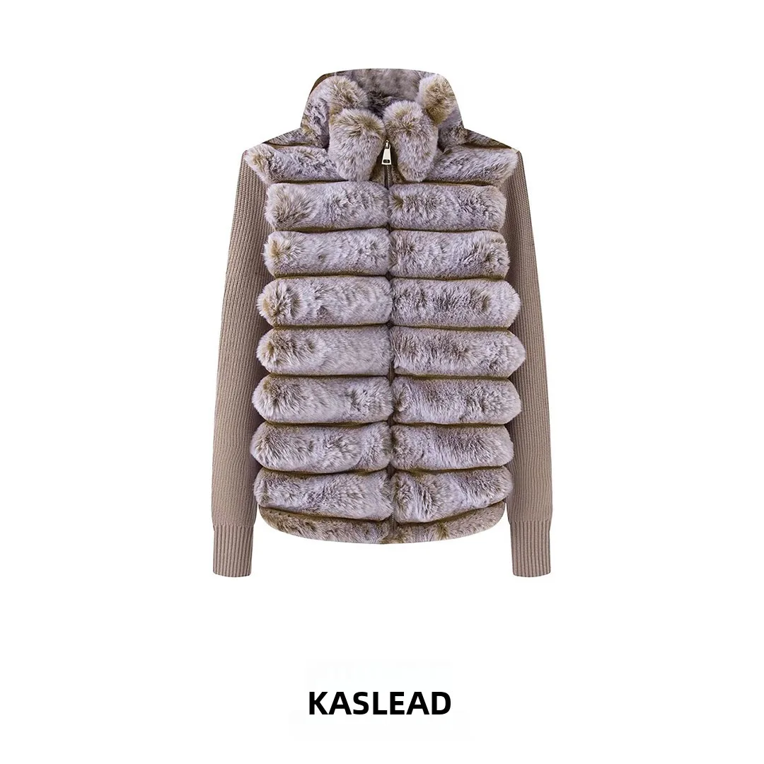 KASLEAD New Women's Fashion Thickened Loose Stand Collar Patchwork Color Block Fur Coat Autumn Winter Seasonal Ladies' Wear