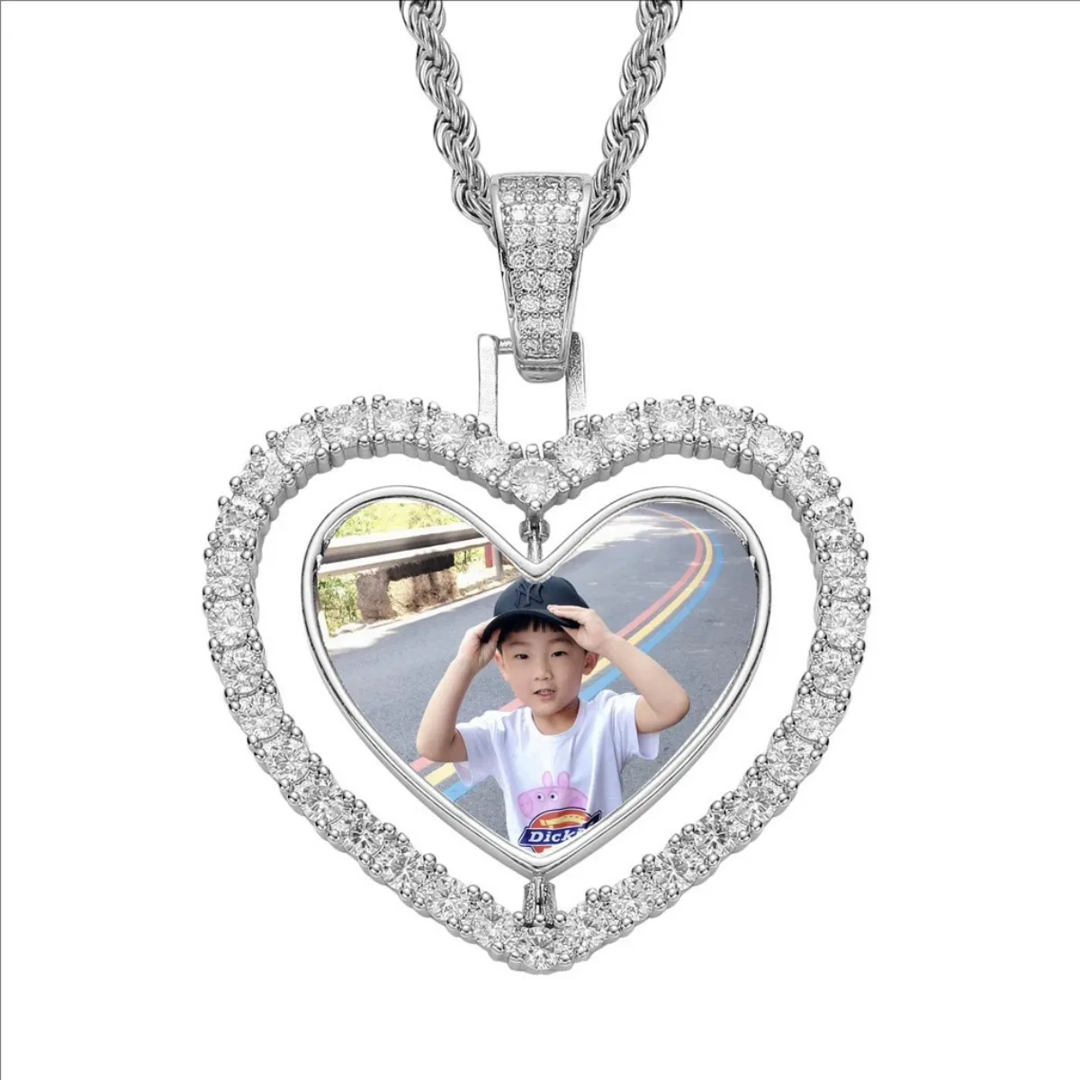 Two-Sided Heart Picture Pendant Necklace Jewelry For Her Hip Hop Custom Iced Out Photo Spinning Pendant Women Drop Shipping