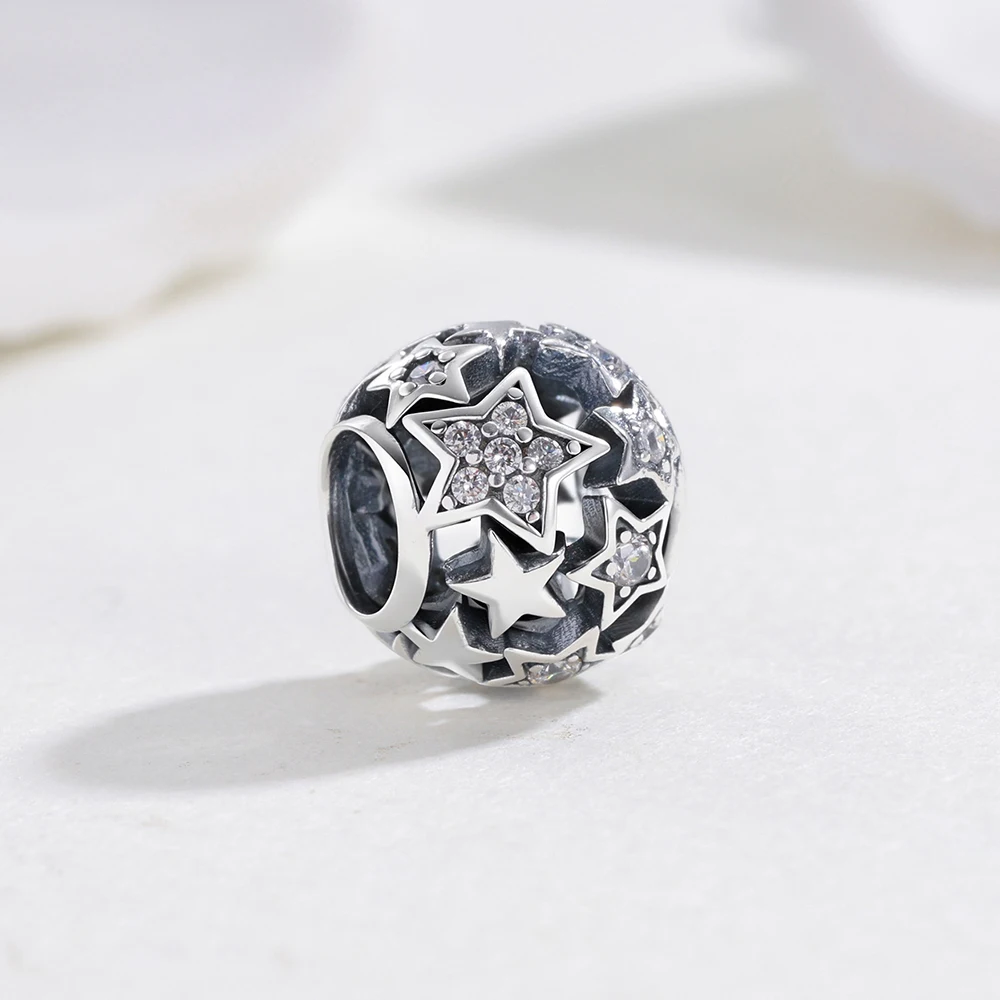 Lucky 925 Sterling Silver Charms Stacked Arranged Star Beads Pendants Fit Original Bracelet Charm DIY Jewelry Gift For Woman