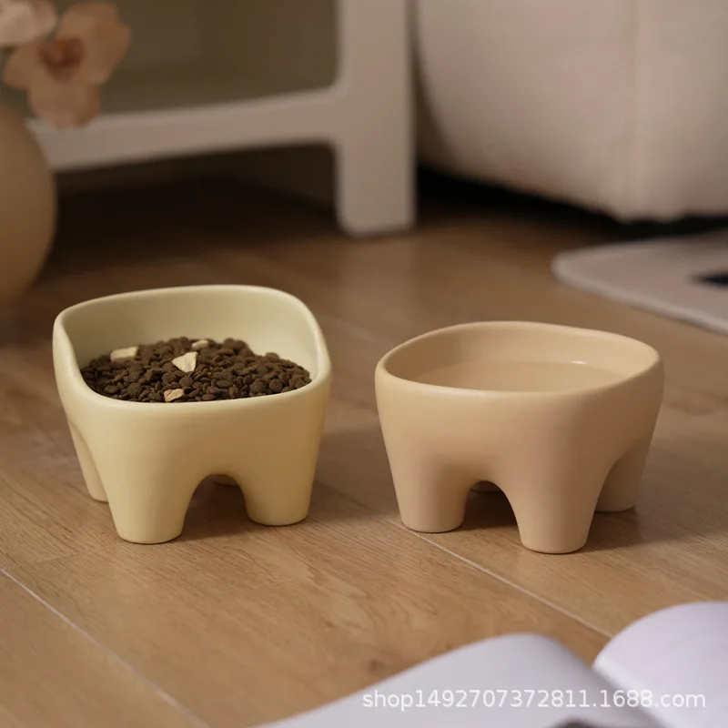 Ceramic cat and dog bowl large diameter cat food basin drinking water rice bowl high foot neck protection to prevent overturning