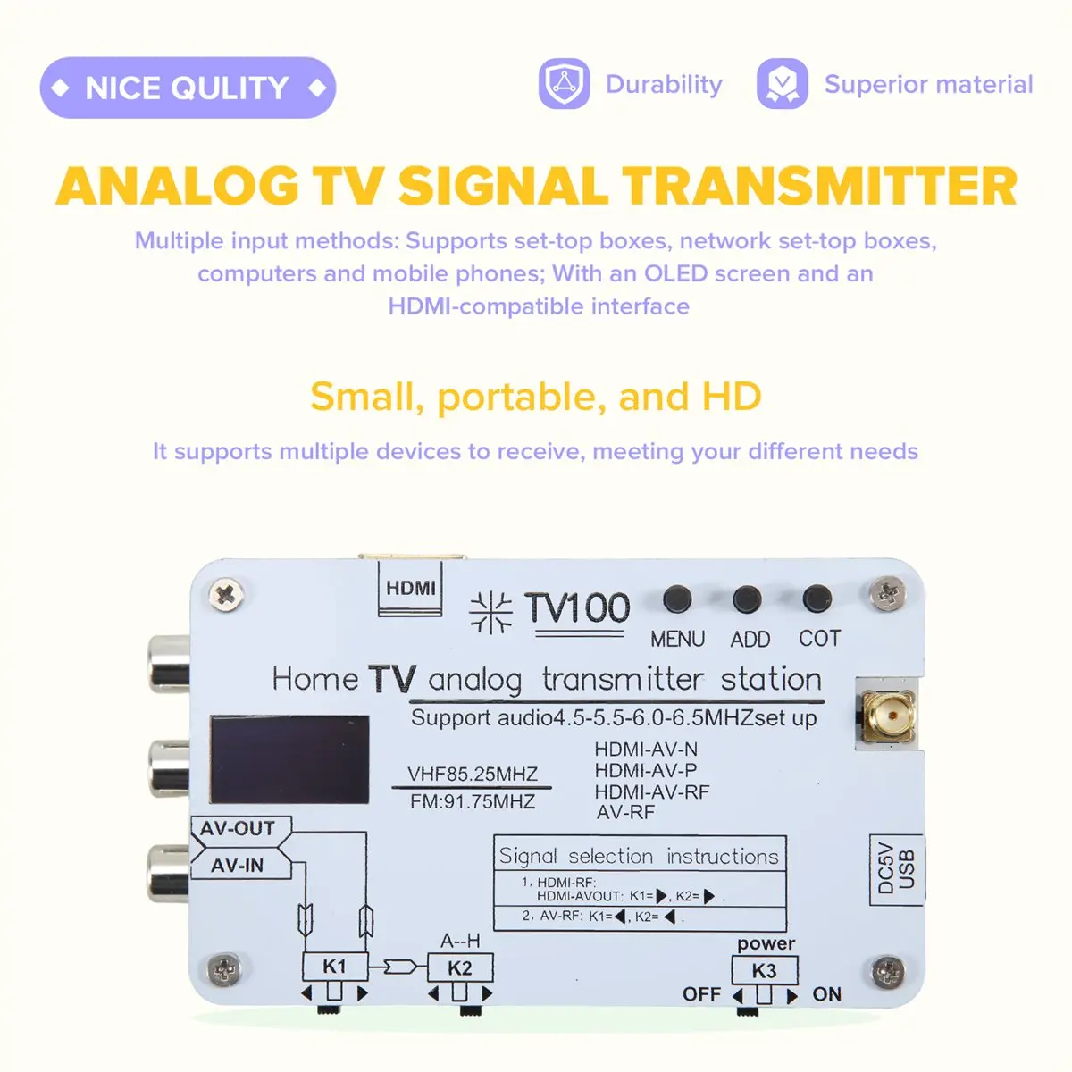 【estr】白信号アナログテレビ信号送信機-oledディスプレイ搭載家庭用アナログテレビ送信機（グローバル対応）