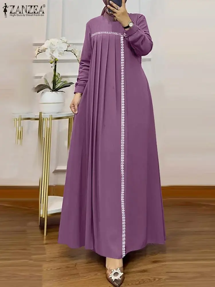 ZANZEA-Robe Maxi Plissée à Manches sulfpour Femme, Tenue d\'Automne Vintage en Dentelle, Patchwork, Musulmane, Décontractée, Dubaï, Abaya