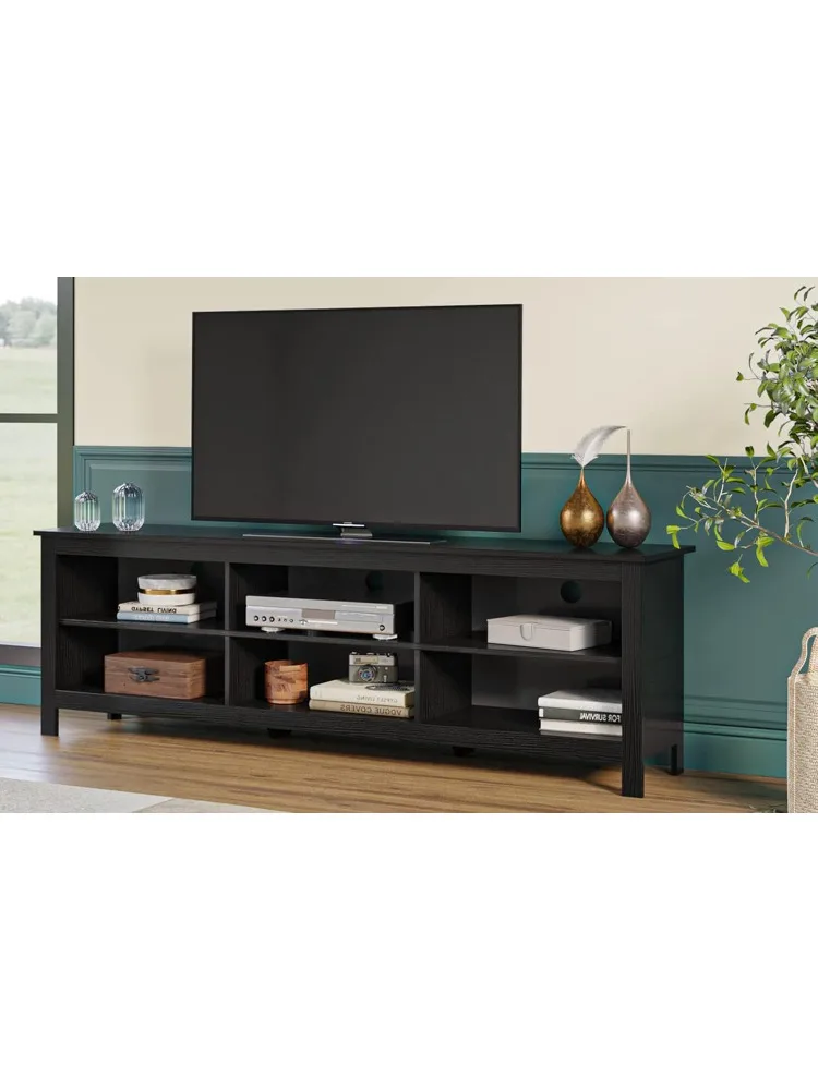 حامل تلفزيون 6 حجرة حوامل تلفزيون خزانة 6 تخزين وسائط مفتوحة لأجهزة التلفاز حتى 80 بوصة، (70 بوصة أسود)